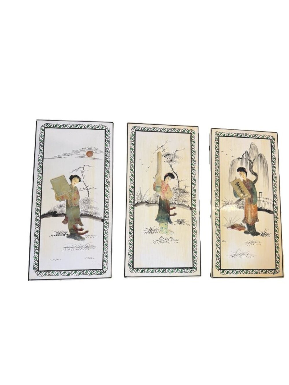 Vtg Lacquered Chinese Handcarved Soapstone 3D White Panel Set of 3 Wall Hangings